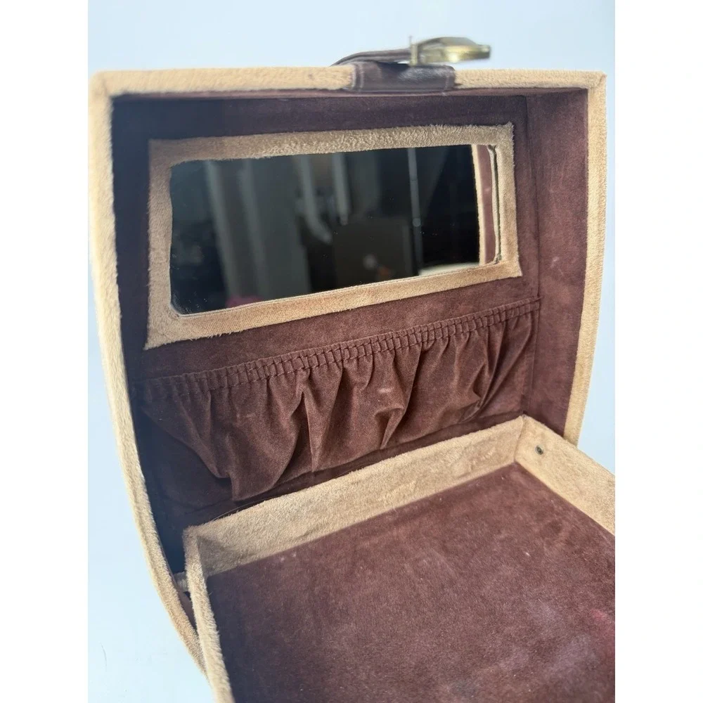 Vintage 1960s Travel Jewelry Case Valet Box Faux Suede Brown Tan Mirror